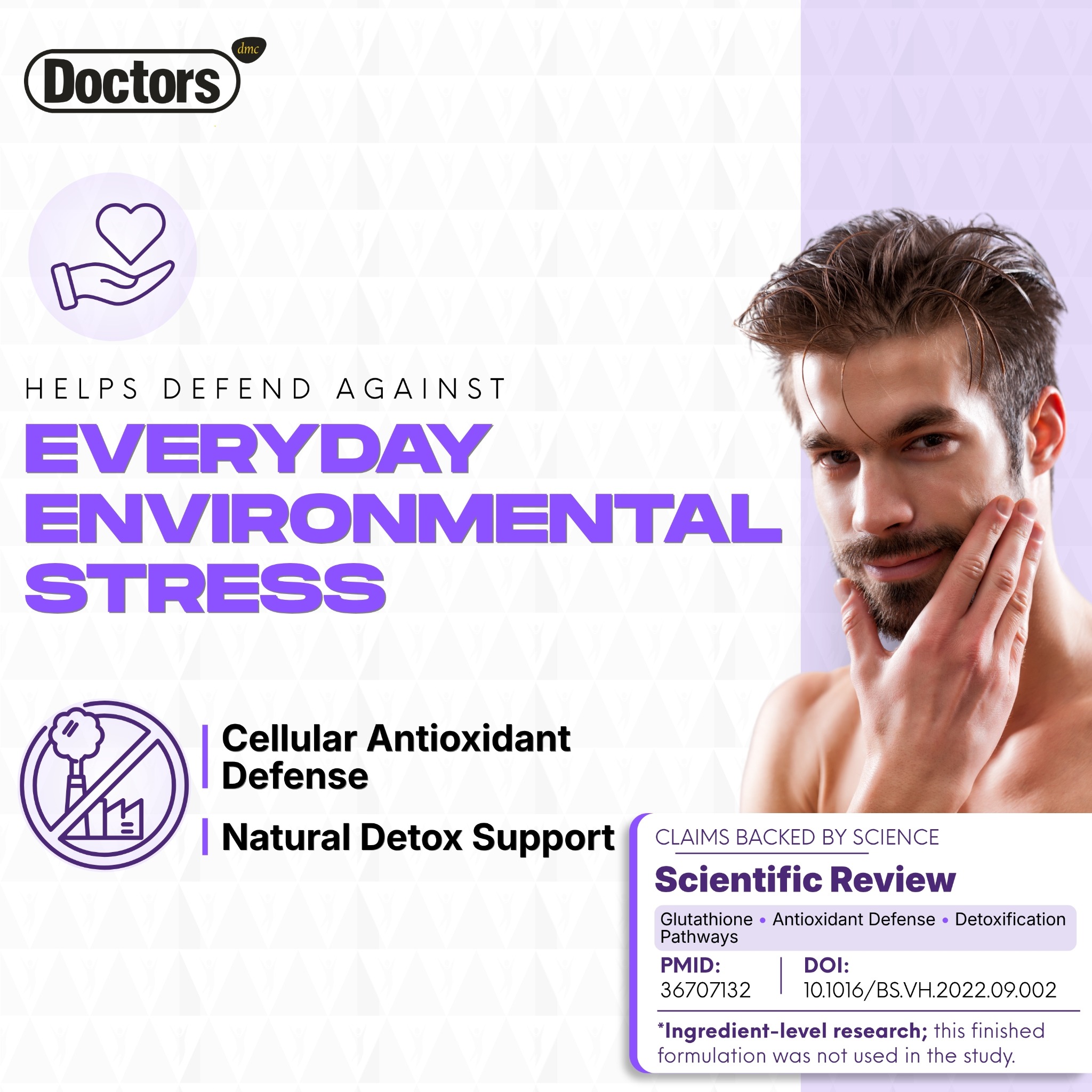 Glutathione environmental-stress infographic with a portrait and pollution illustration